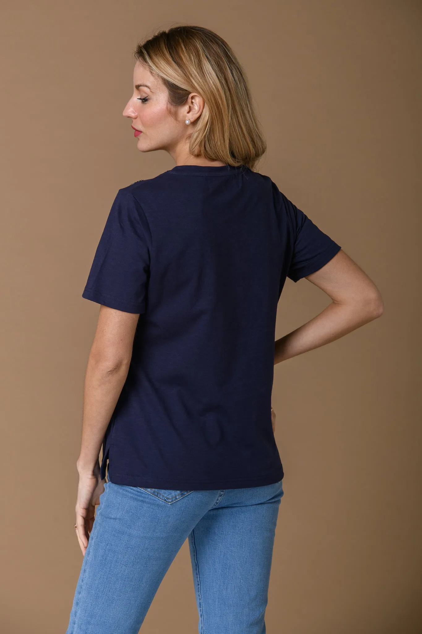 Flower Embellished Tee - Navy