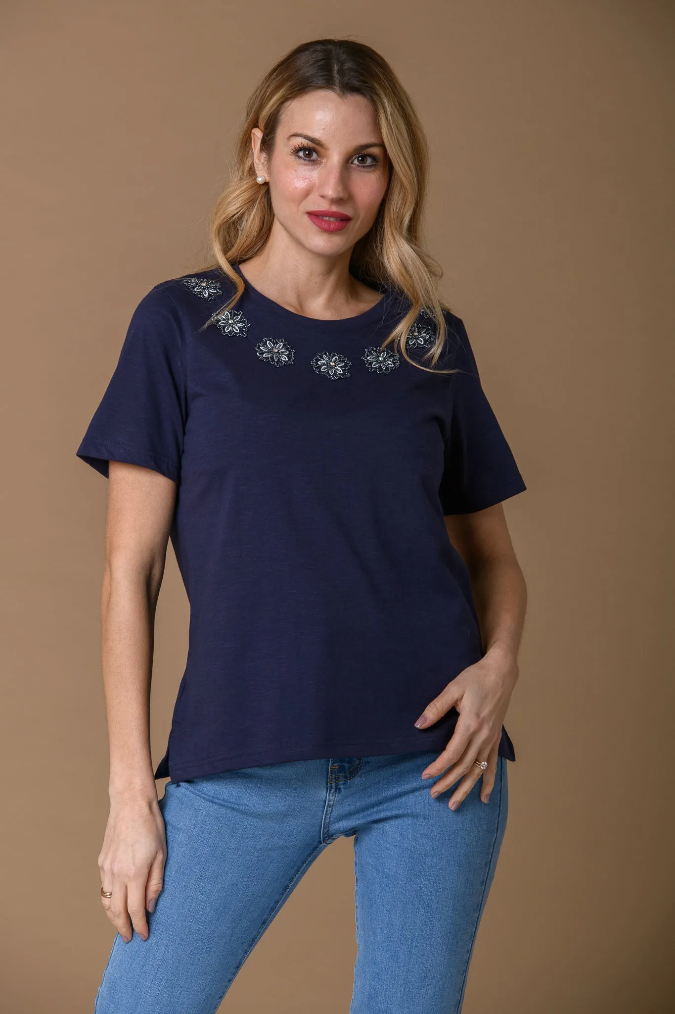 Flower Embellished Tee - Navy