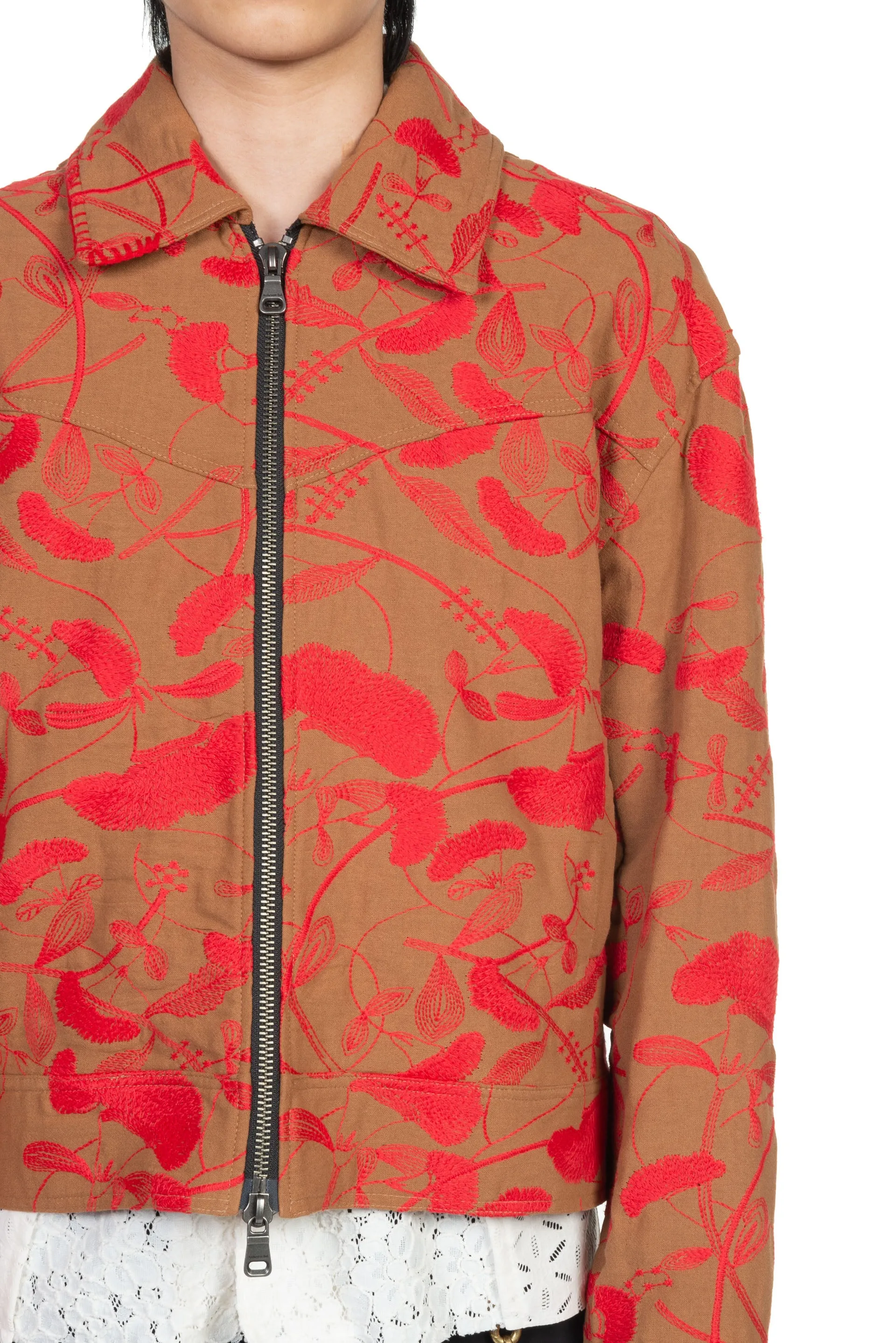 Flower Embroidery Zip-Up Jacket