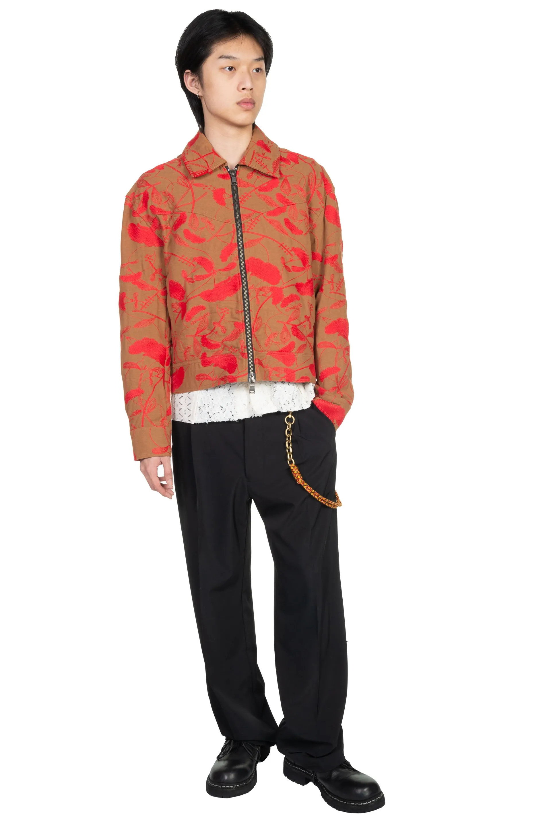 Flower Embroidery Zip-Up Jacket