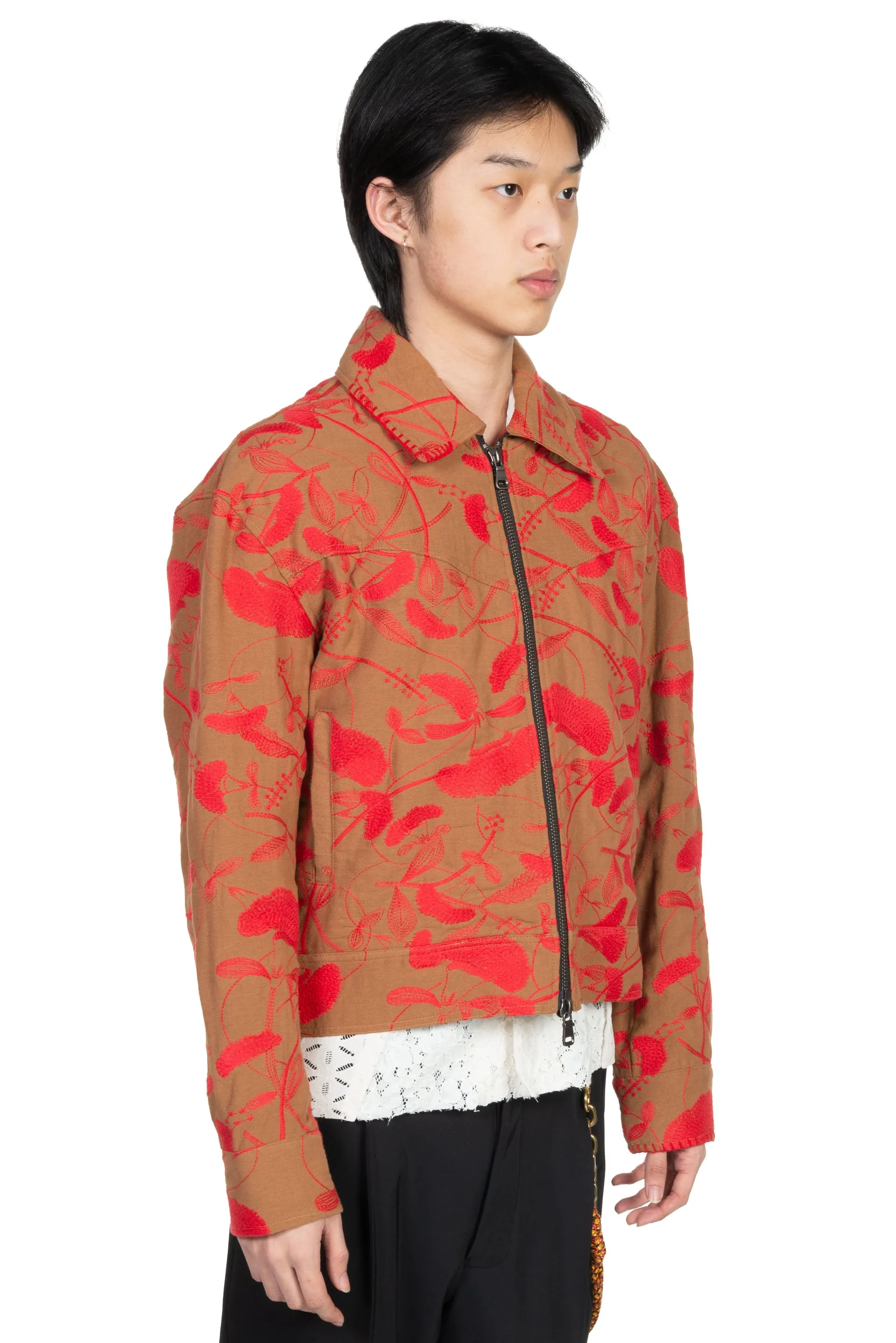 Flower Embroidery Zip-Up Jacket