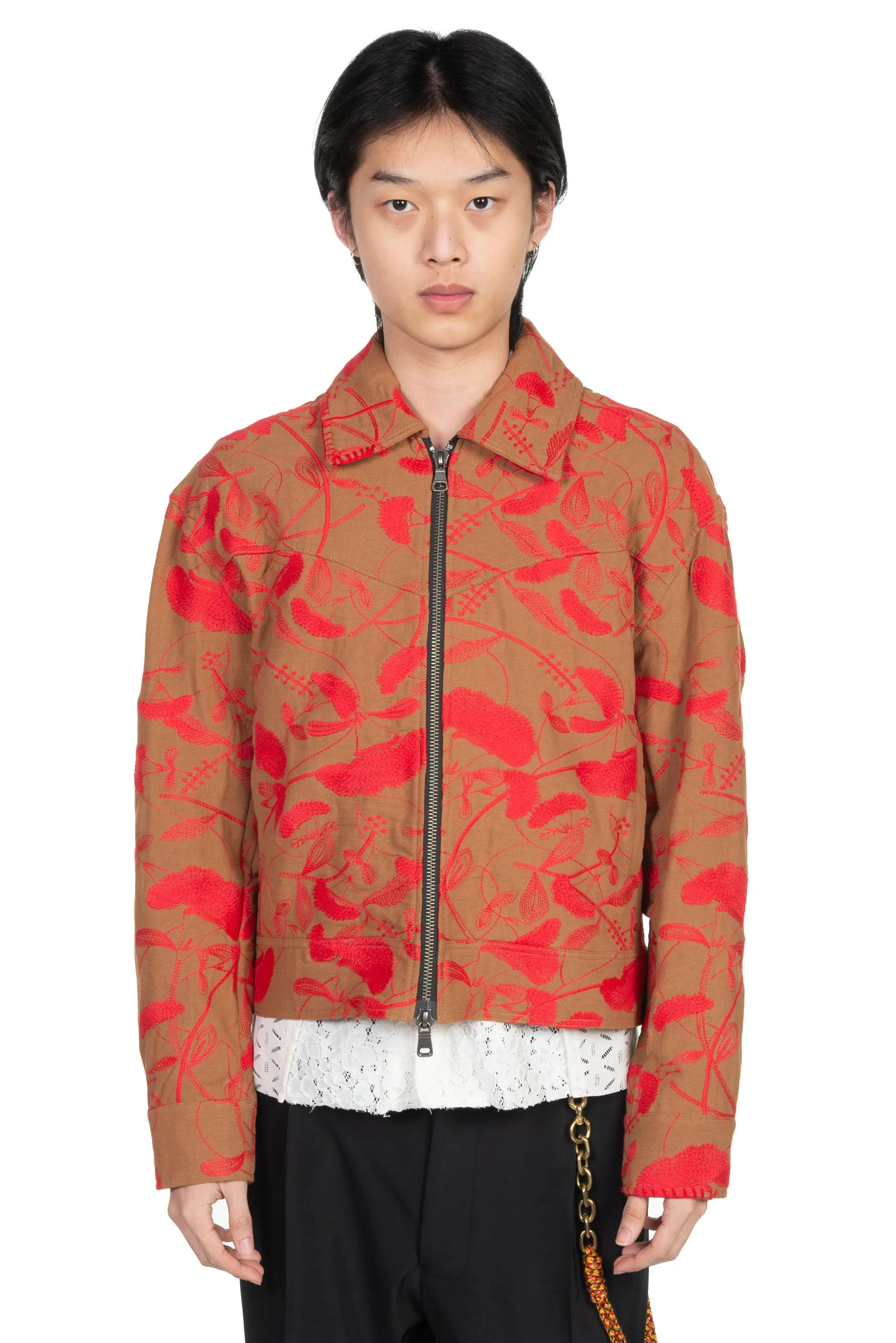 Flower Embroidery Zip-Up Jacket