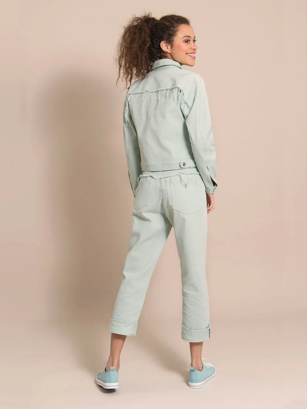 Frayed Denim Jacket, Upcycled Cotton, in Light Blue