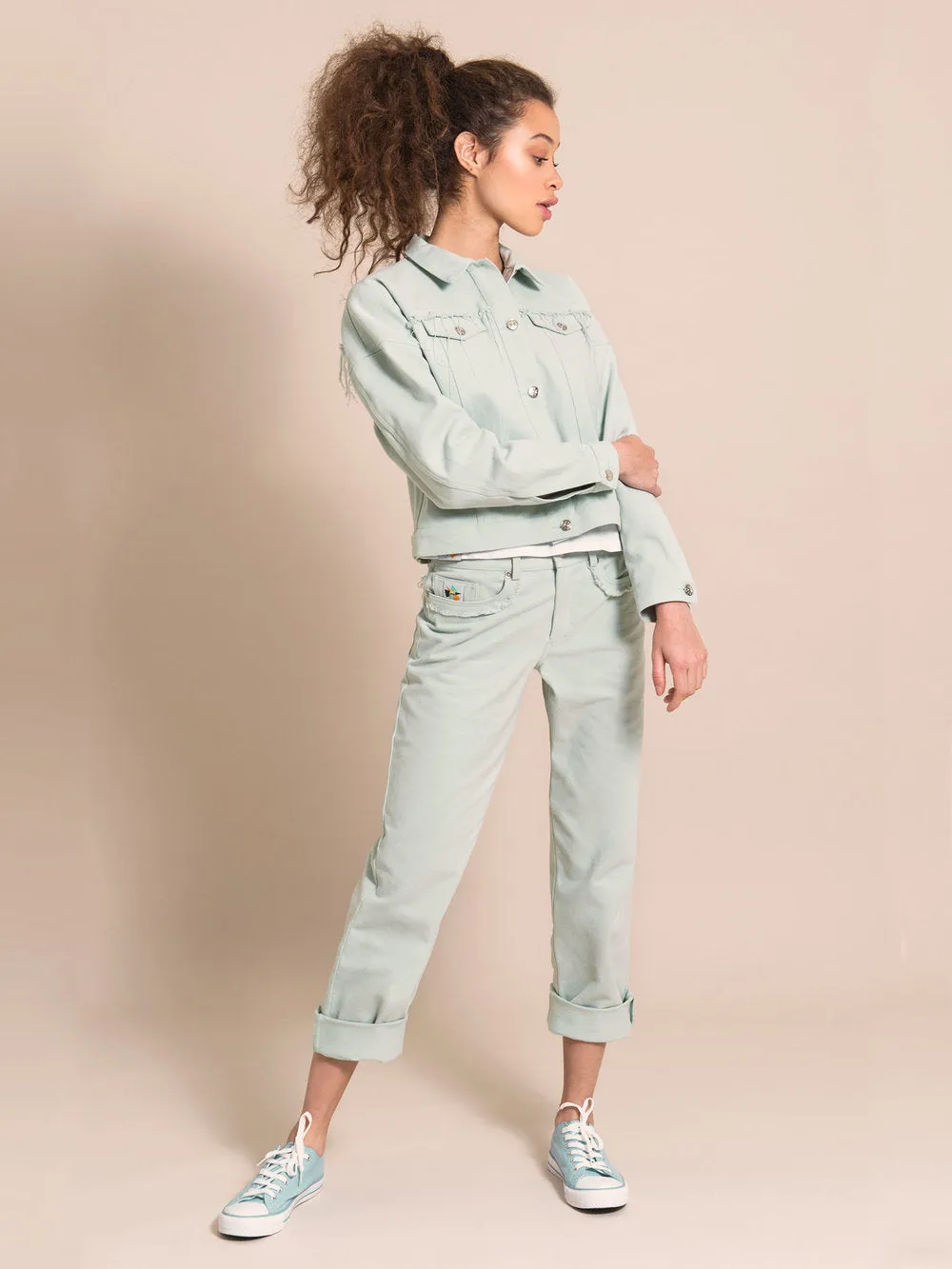 Frayed Denim Jacket, Upcycled Cotton, in Light Blue