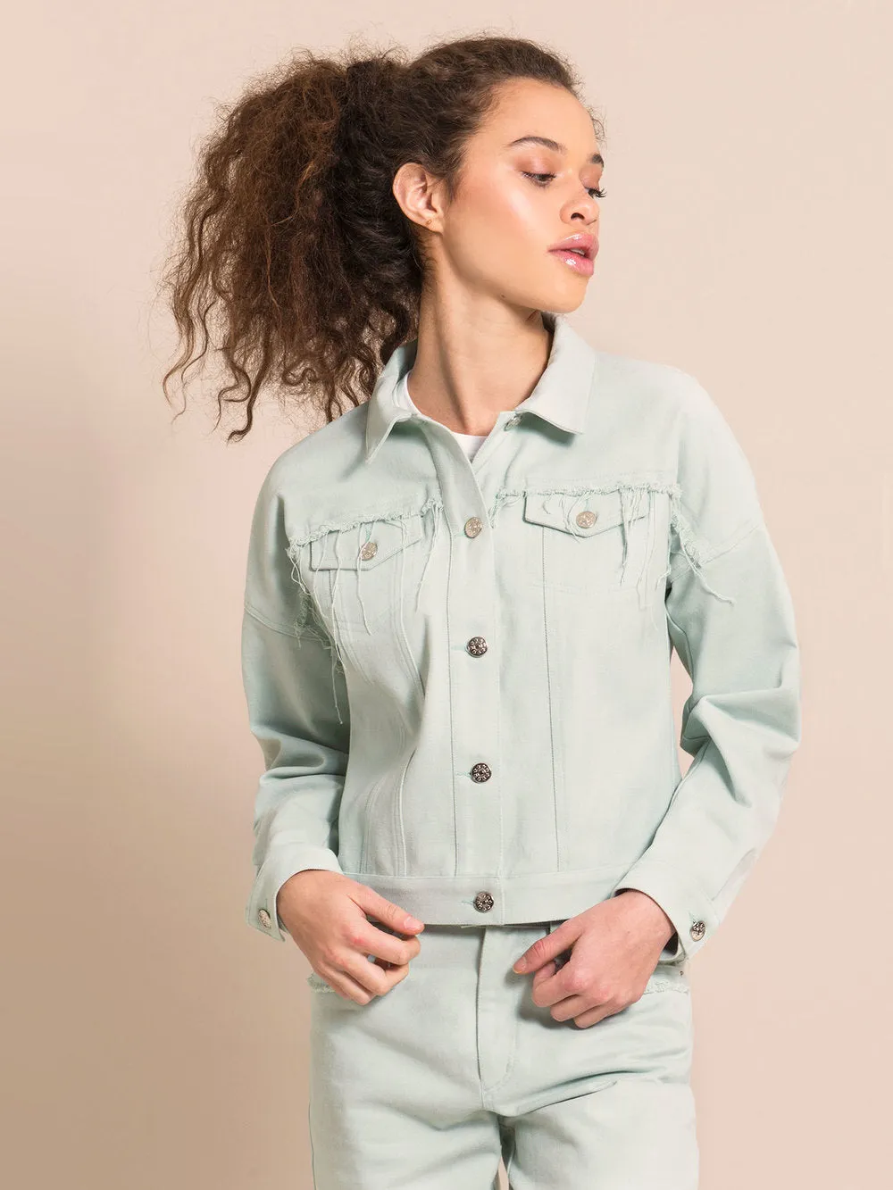 Frayed Denim Jacket, Upcycled Cotton, in Light Blue