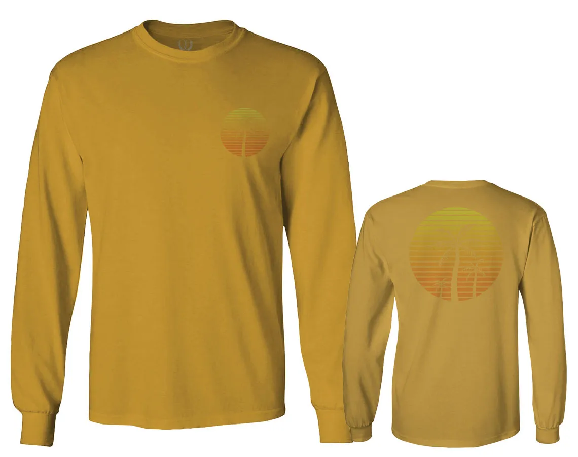 Front and Back Vintage Retro Palm Trees Beach Sunset Tropical Summer Vacation mens Long sleeve t shirt