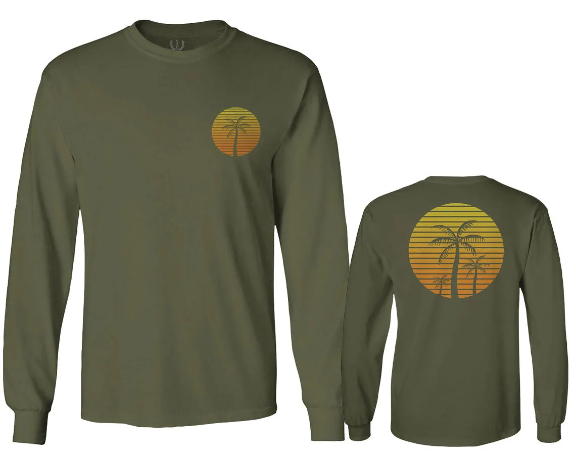 Front and Back Vintage Retro Palm Trees Beach Sunset Tropical Summer Vacation mens Long sleeve t shirt
