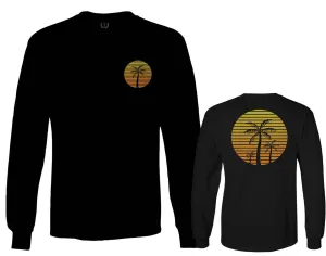 Front and Back Vintage Retro Palm Trees Beach Sunset Tropical Summer Vacation mens Long sleeve t shirt