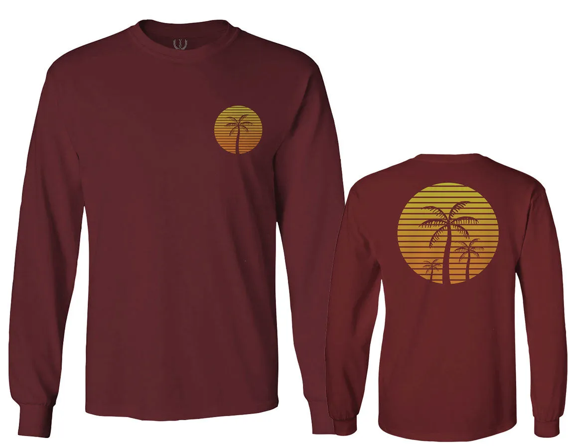 Front and Back Vintage Retro Palm Trees Beach Sunset Tropical Summer Vacation mens Long sleeve t shirt