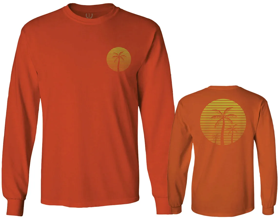 Front and Back Vintage Retro Palm Trees Beach Sunset Tropical Summer Vacation mens Long sleeve t shirt