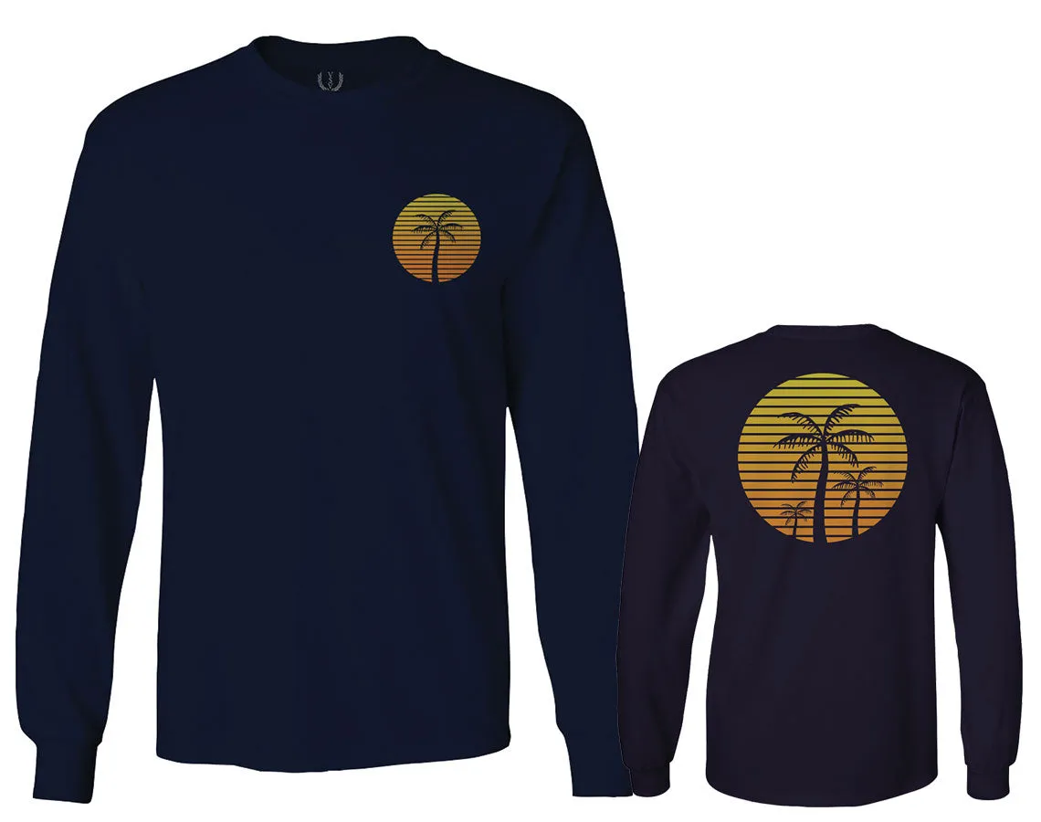 Front and Back Vintage Retro Palm Trees Beach Sunset Tropical Summer Vacation mens Long sleeve t shirt