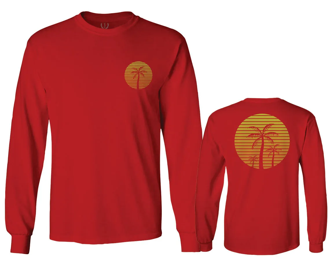 Front and Back Vintage Retro Palm Trees Beach Sunset Tropical Summer Vacation mens Long sleeve t shirt