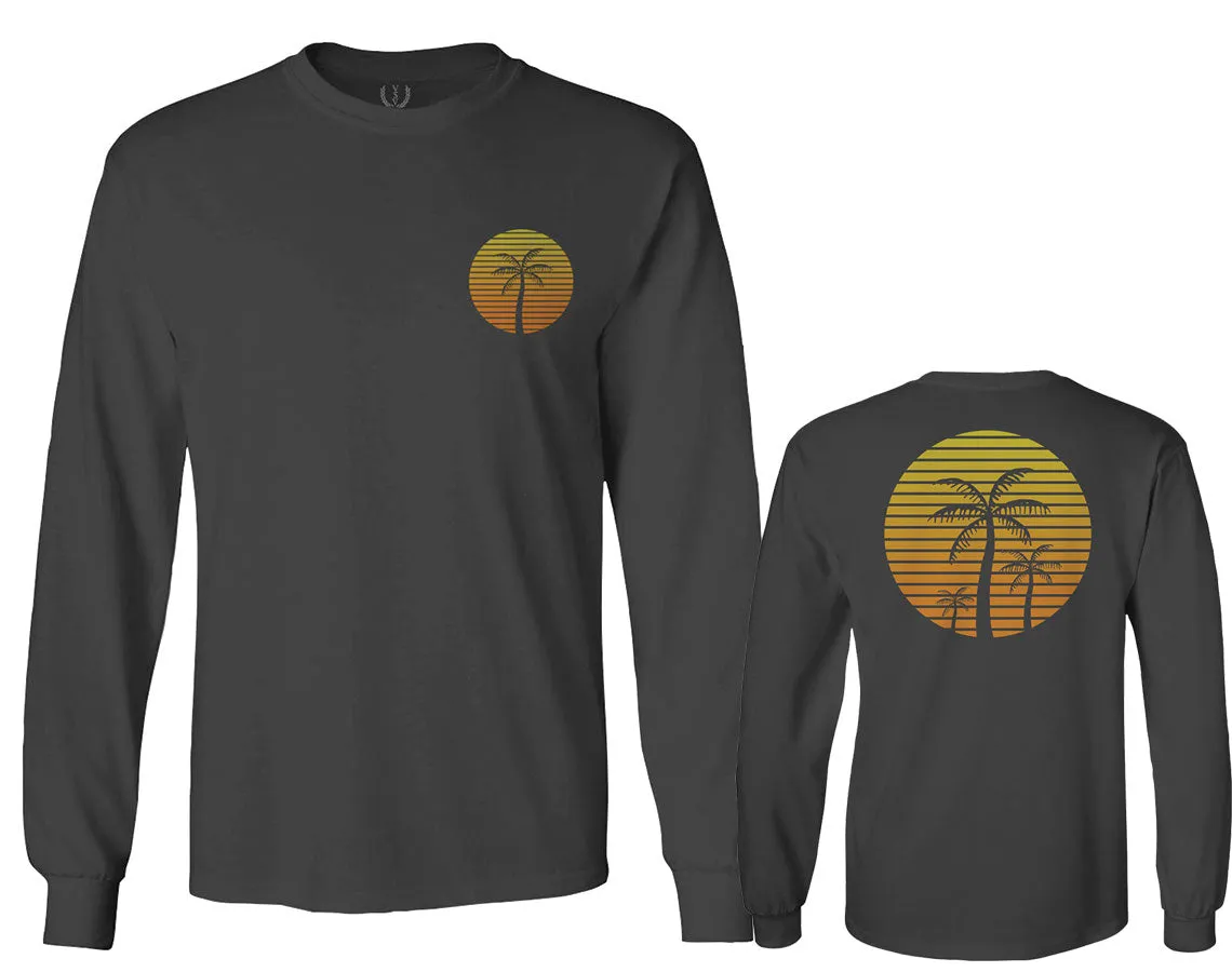 Front and Back Vintage Retro Palm Trees Beach Sunset Tropical Summer Vacation mens Long sleeve t shirt
