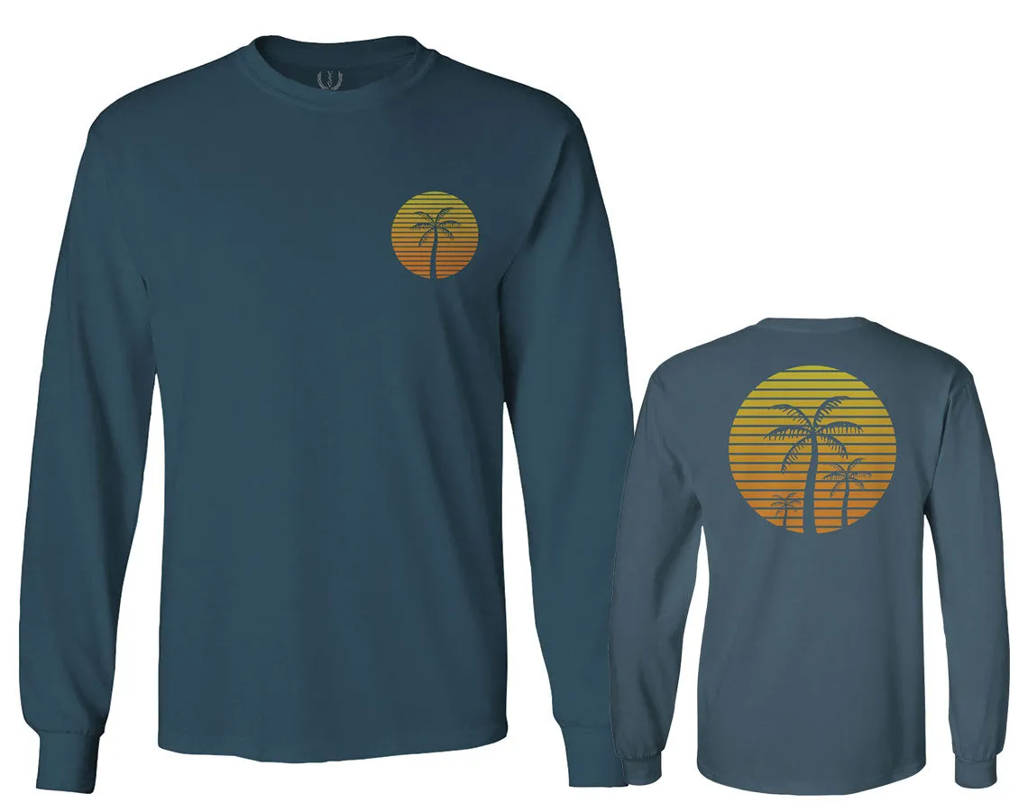 Front and Back Vintage Retro Palm Trees Beach Sunset Tropical Summer Vacation mens Long sleeve t shirt