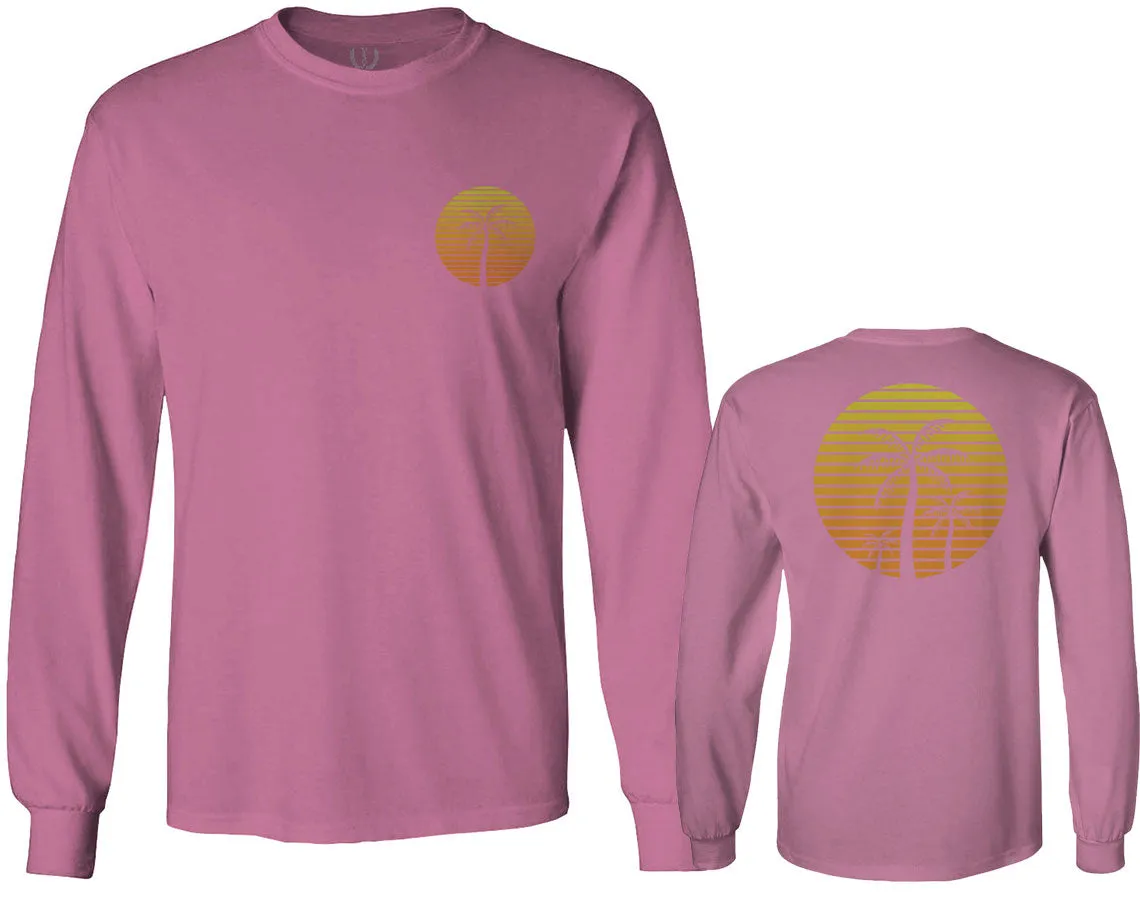 Front and Back Vintage Retro Palm Trees Beach Sunset Tropical Summer Vacation mens Long sleeve t shirt