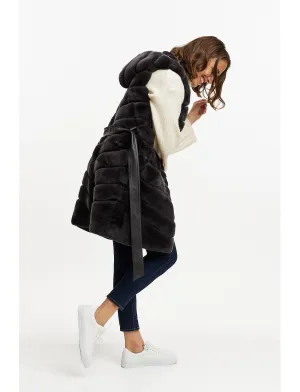 Fur Gilet with hood & belt - basalt grey