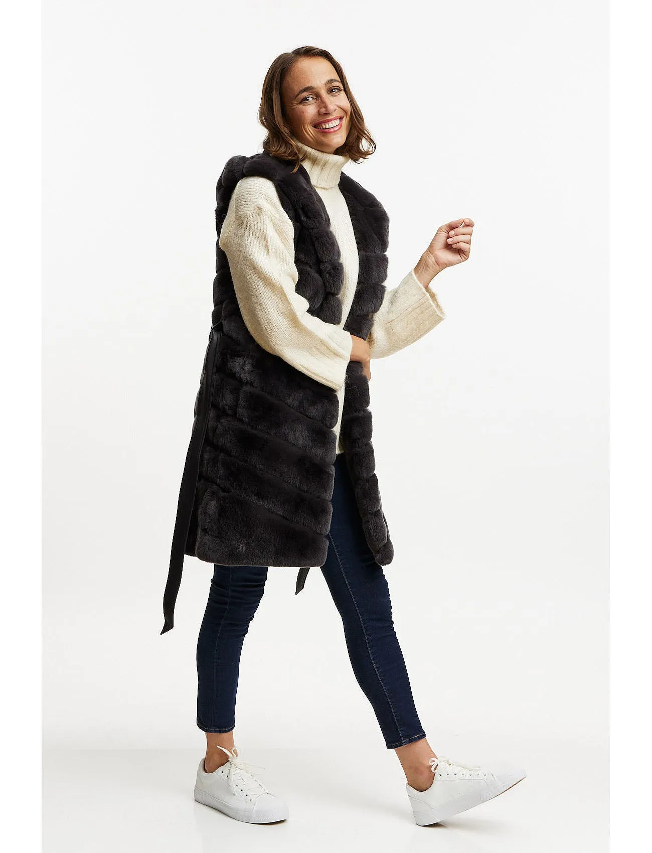 Fur Gilet with hood & belt - basalt grey