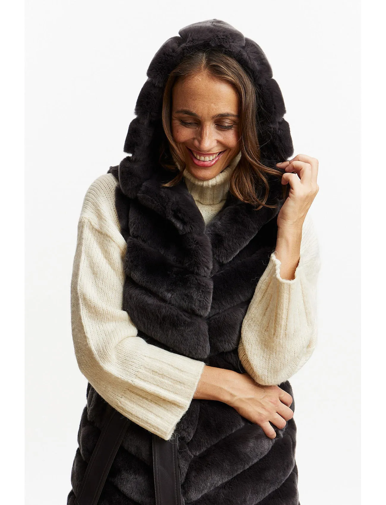 Fur Gilet with hood & belt - basalt grey