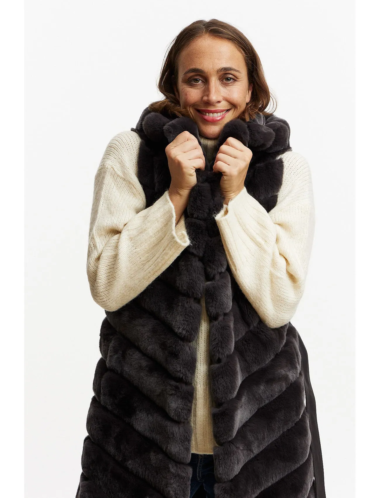 Fur Gilet with hood & belt - basalt grey