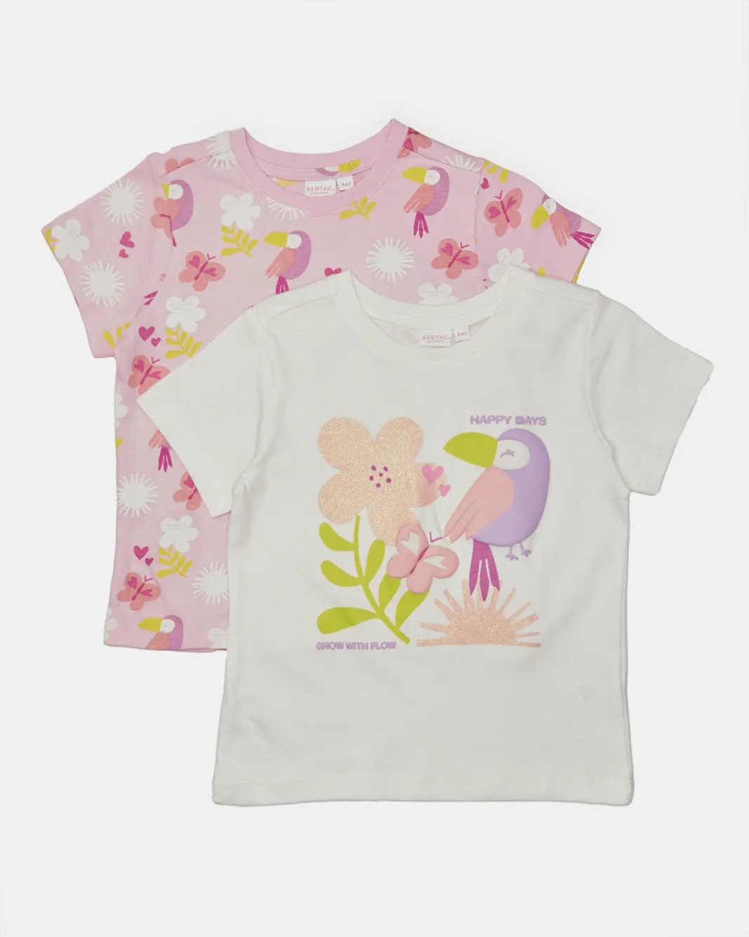 Girls Pink And White Printed T-Shirt Set (Pack of 2)