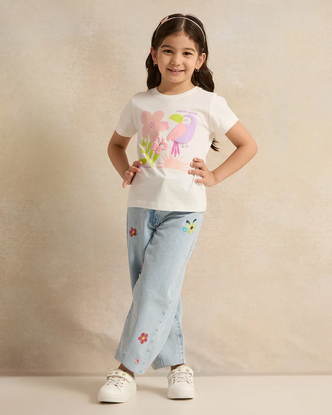 Girls Pink And White Printed T-Shirt Set (Pack of 2)