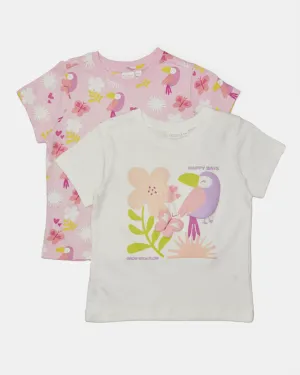 Girls Pink And White Printed T-Shirt Set (Pack of 2)