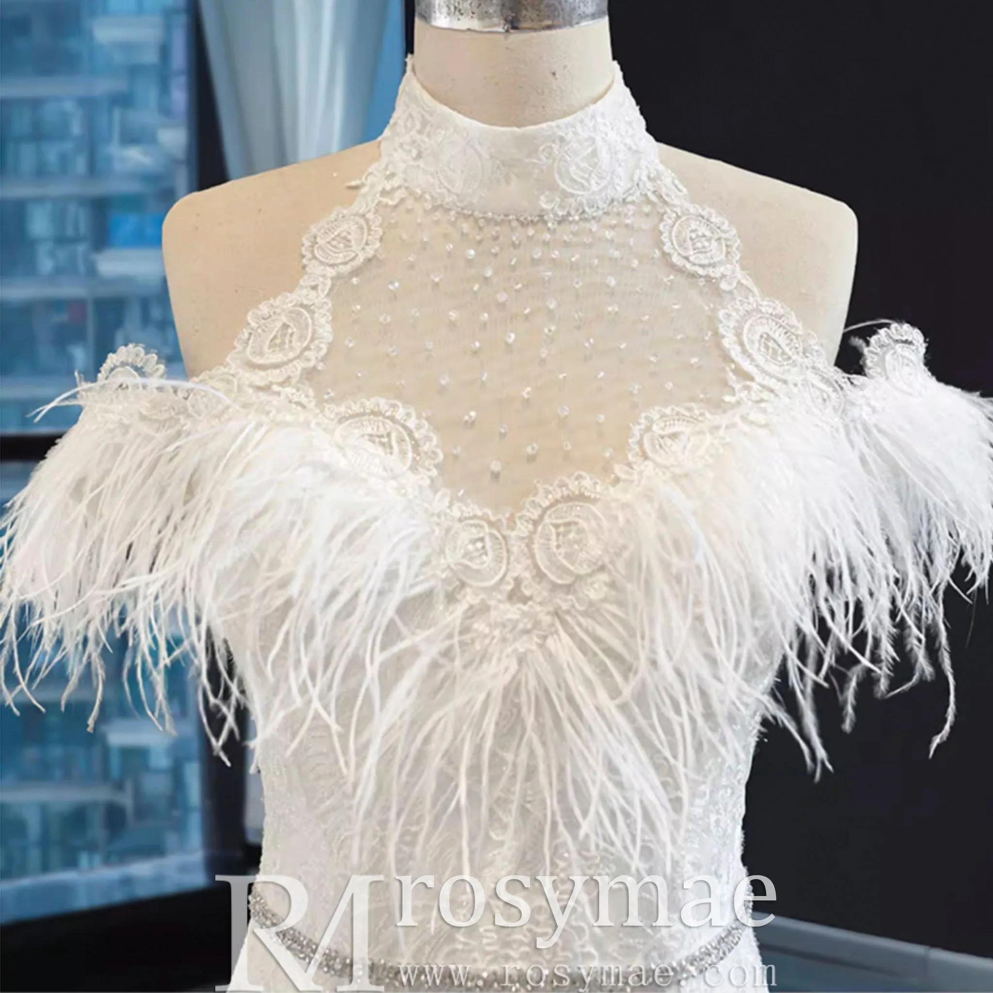 High Neck Elegant Luxury Trumpet Wedding Dress with Feather