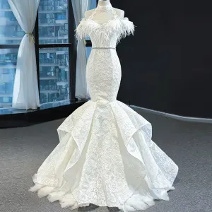 High Neck Elegant Luxury Trumpet Wedding Dress with Feather