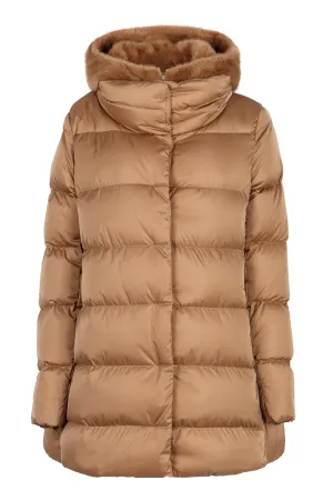 Hooded techno fabric down jacket