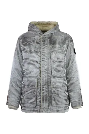 Hooded techno fabric down jacket