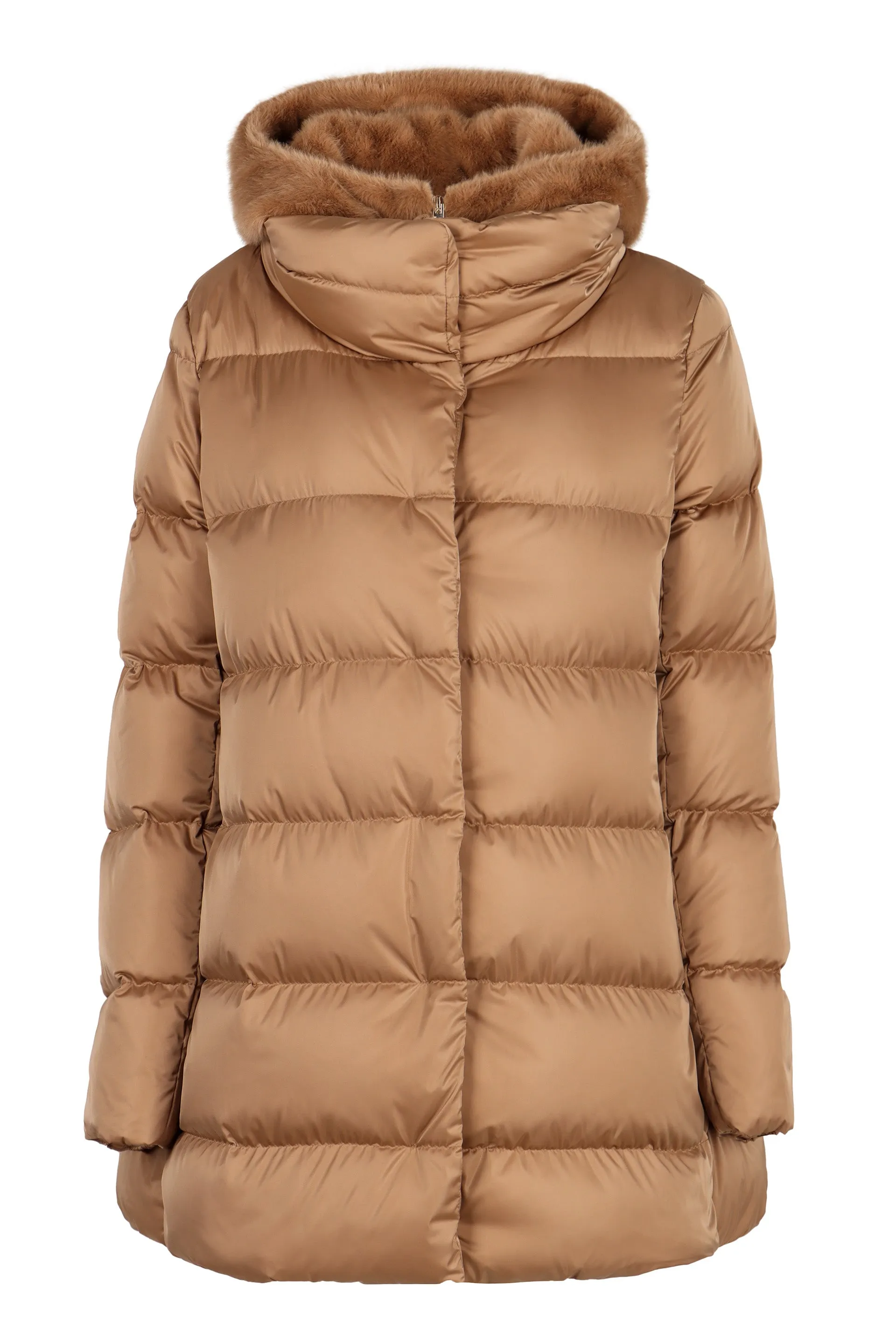 Hooded techno fabric down jacket