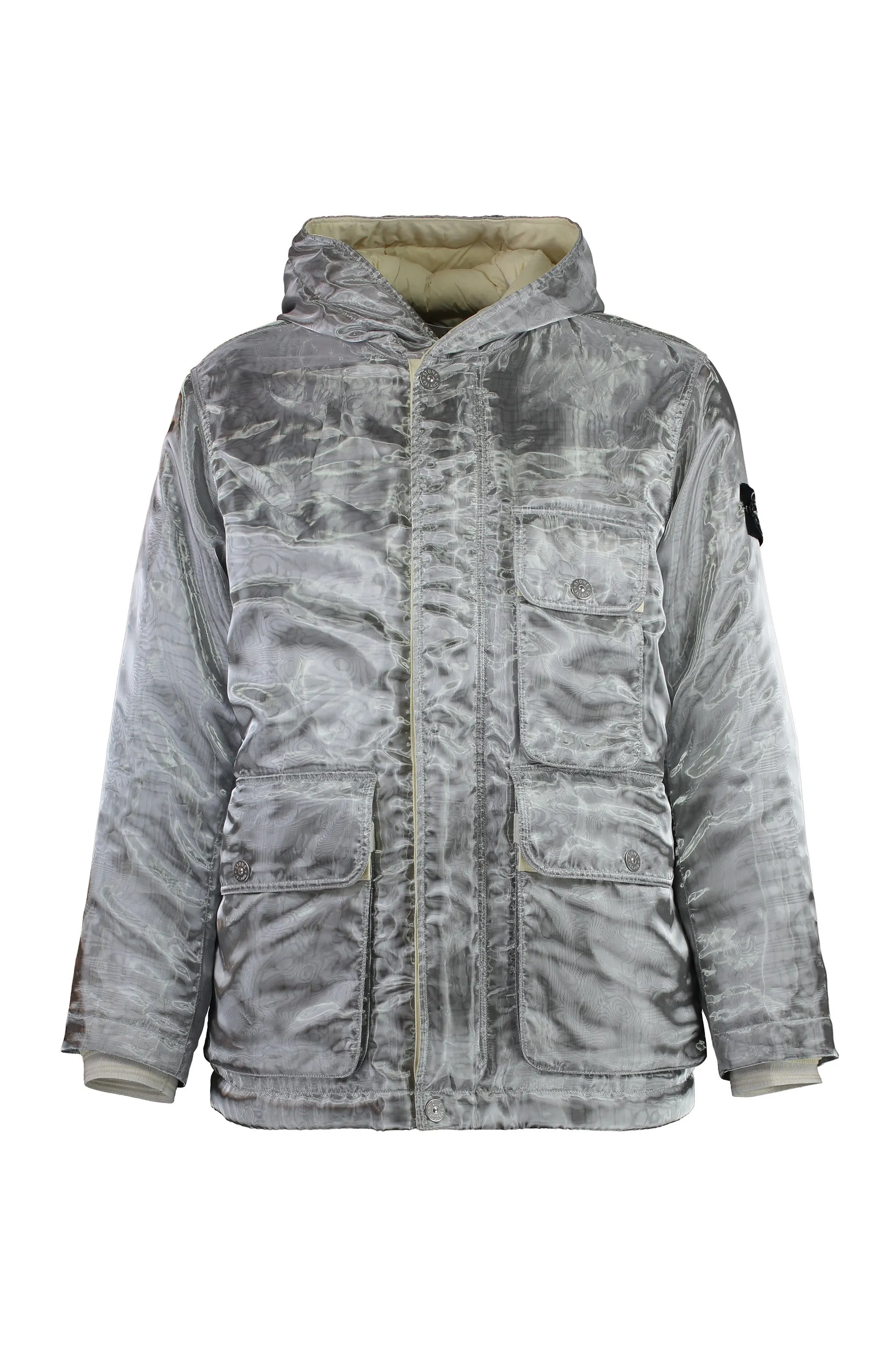 Hooded techno fabric down jacket