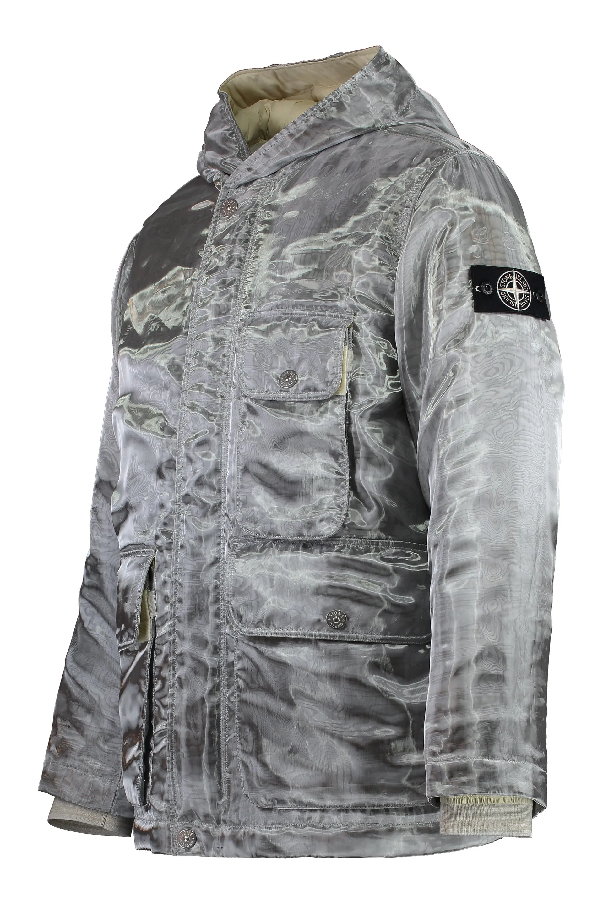 Hooded techno fabric down jacket