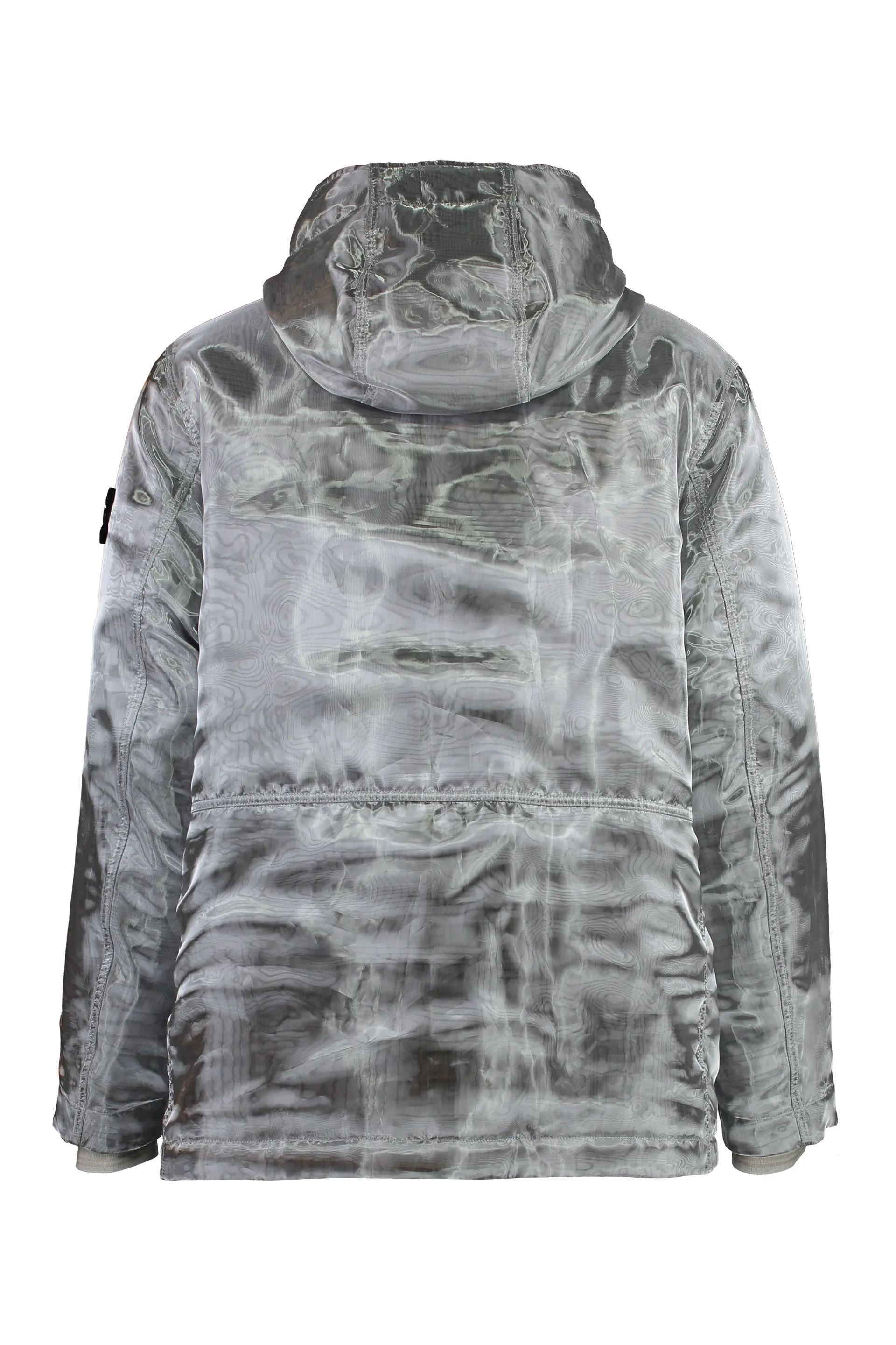 Hooded techno fabric down jacket