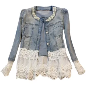 Jeans Jacket Women Slim Lace Patchwork Beading Denim Lady Elegant Vintage Jackets Coat