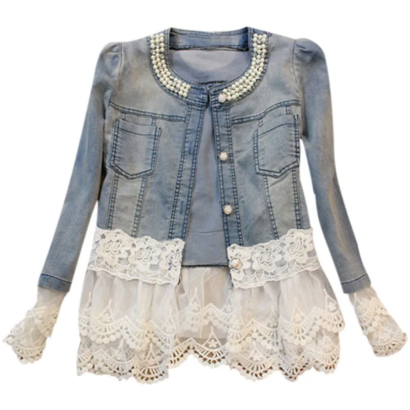 Jeans Jacket Women Slim Lace Patchwork Beading Denim Lady Elegant Vintage Jackets Coat
