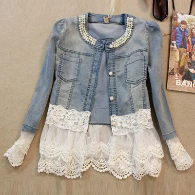 Jeans Jacket Women Slim Lace Patchwork Beading Denim Lady Elegant Vintage Jackets Coat
