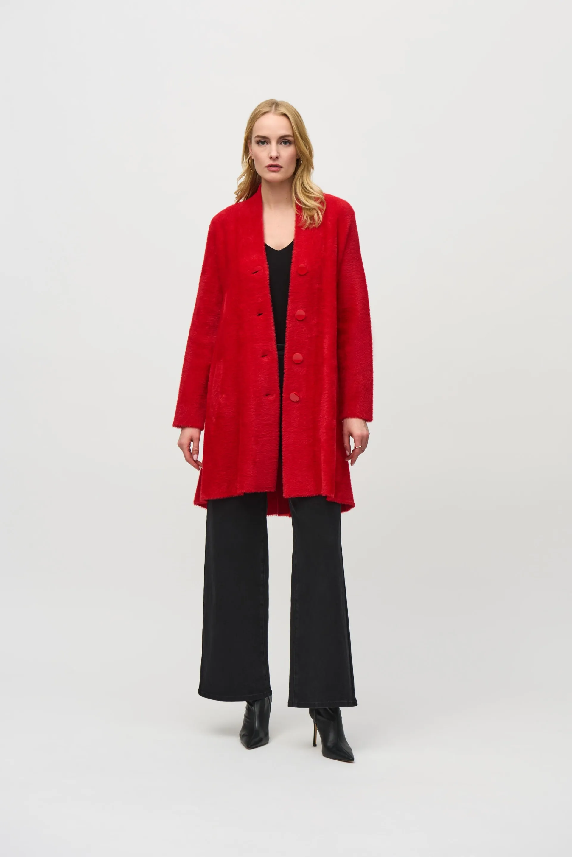 Joseph Ribkoff Lipstick Red Feather Yarn Flared Coat Style 234906