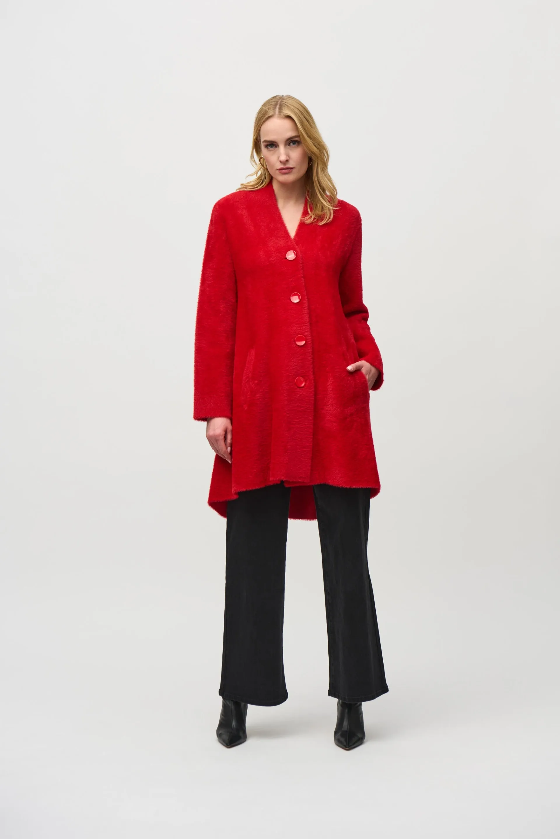 Joseph Ribkoff Lipstick Red Feather Yarn Flared Coat Style 234906