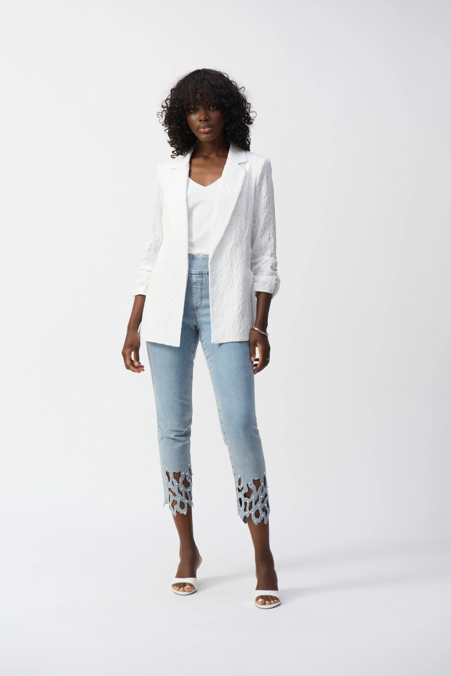 Joseph Ribkoff White Woven Jacquard Boxy Blazer Style 242034
