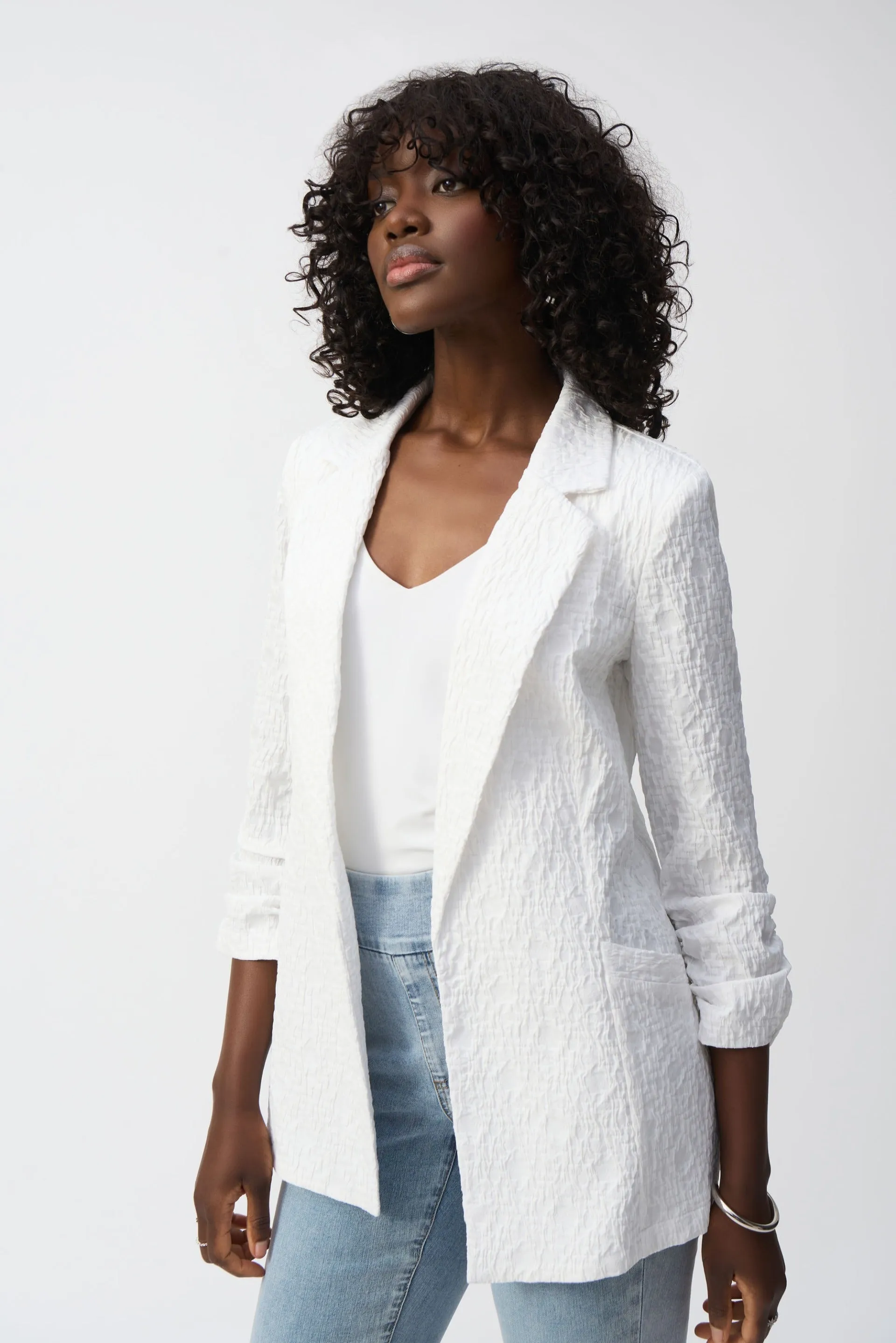 Joseph Ribkoff White Woven Jacquard Boxy Blazer Style 242034