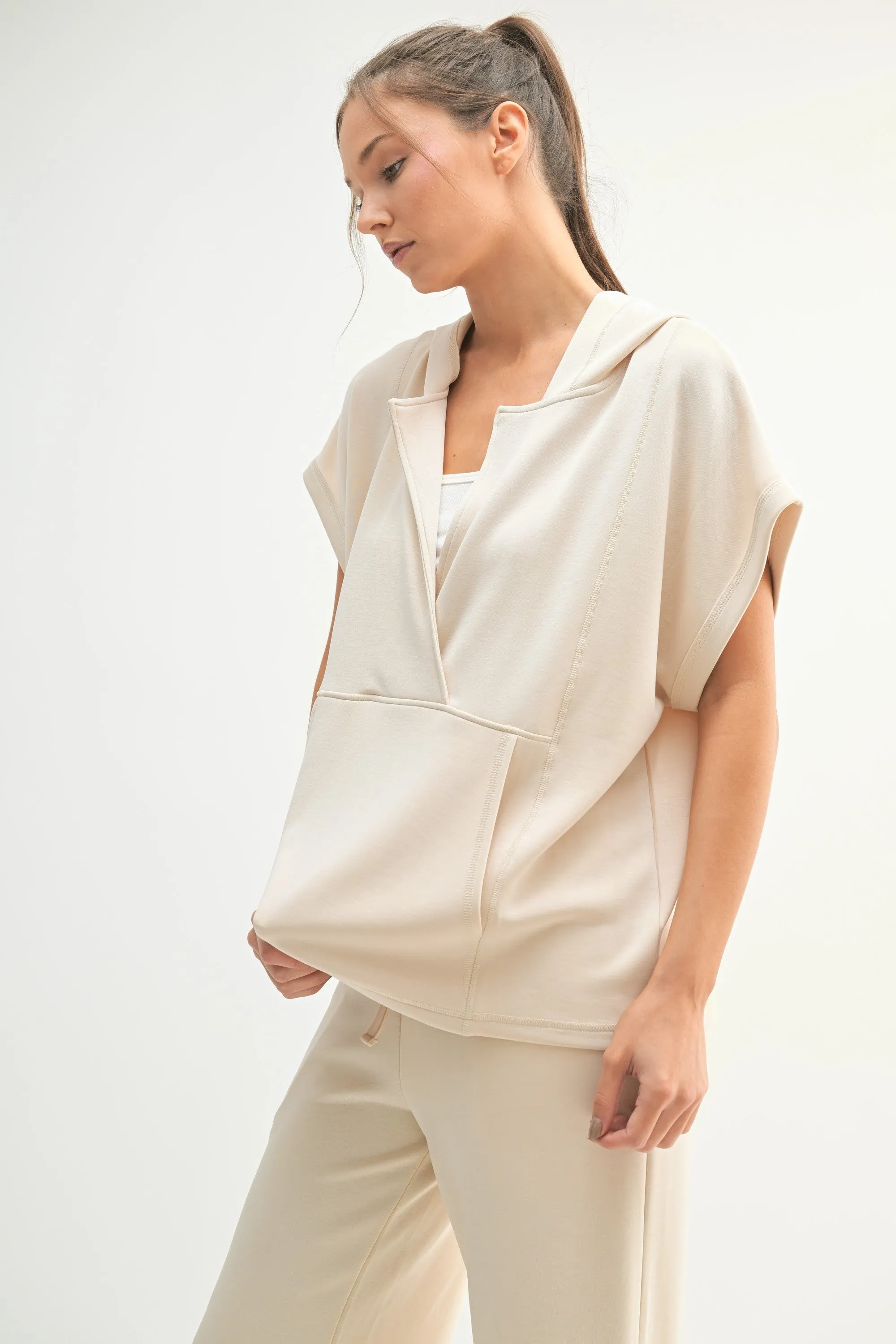 JUST MY LUCK SHORT SLEEVE HOODIE TOP -IVORY