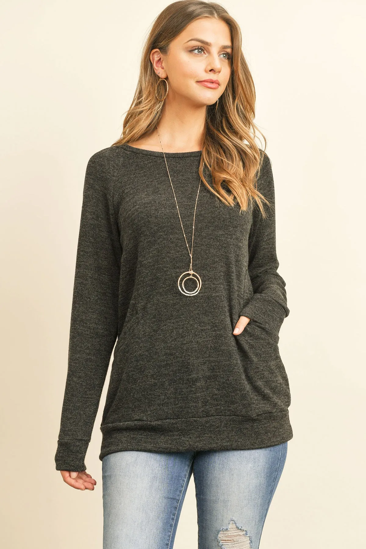 Knit Front Pocket Long Sleeved Top