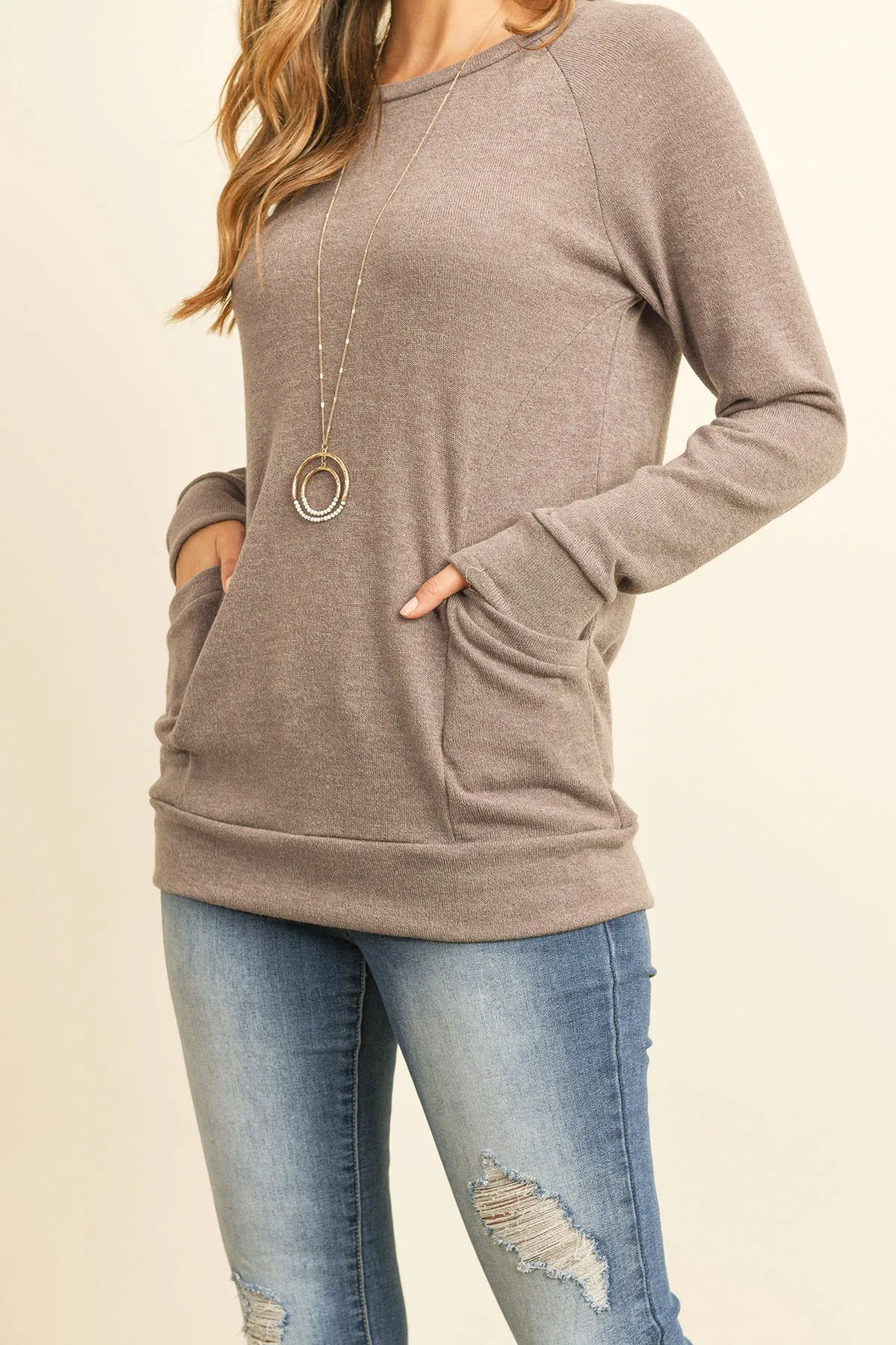 Knit Front Pocket Long Sleeved Top