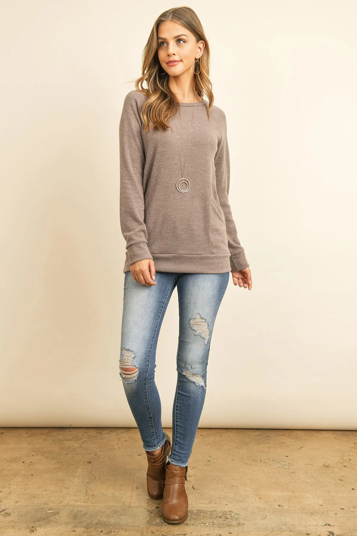 Knit Front Pocket Long Sleeved Top