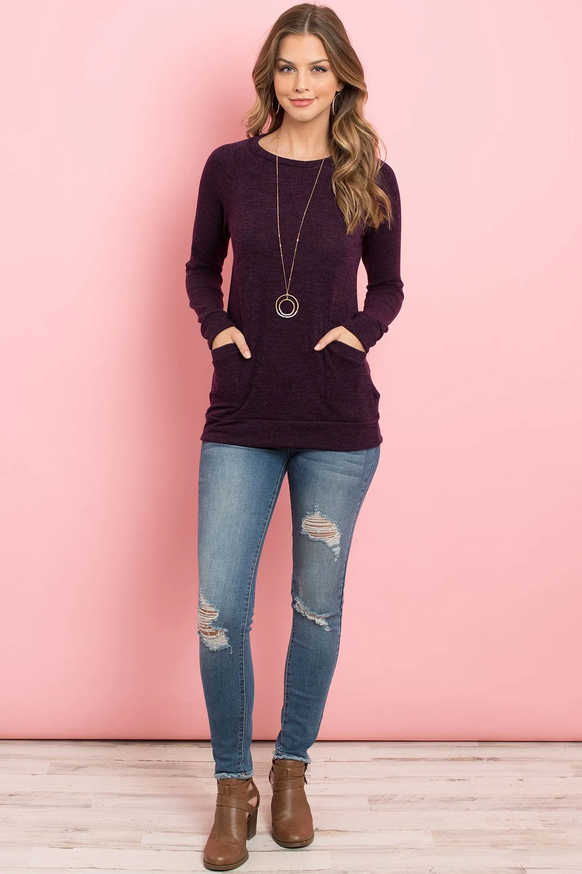 Knit Front Pocket Long Sleeved Top