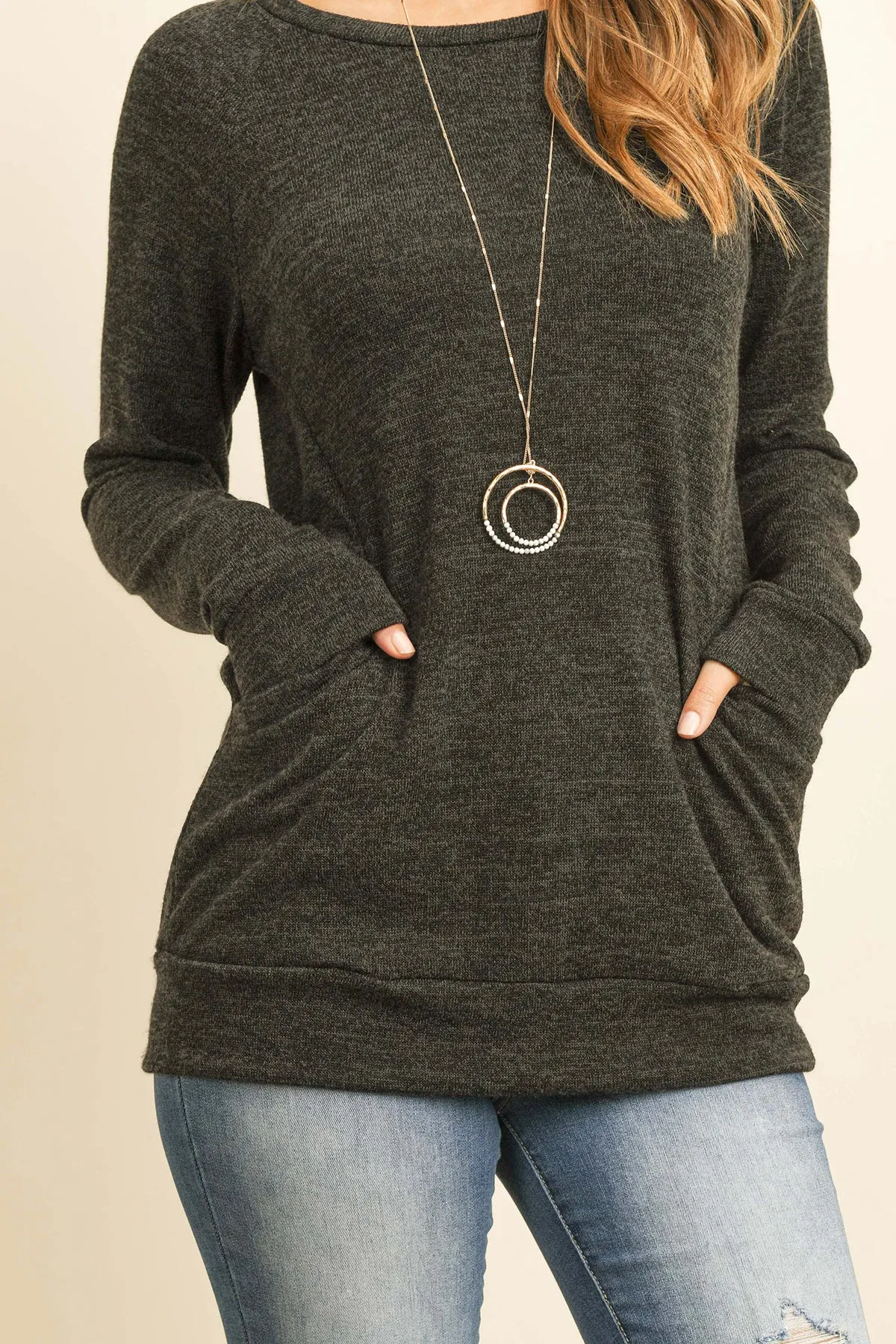 Knit Front Pocket Long Sleeved Top