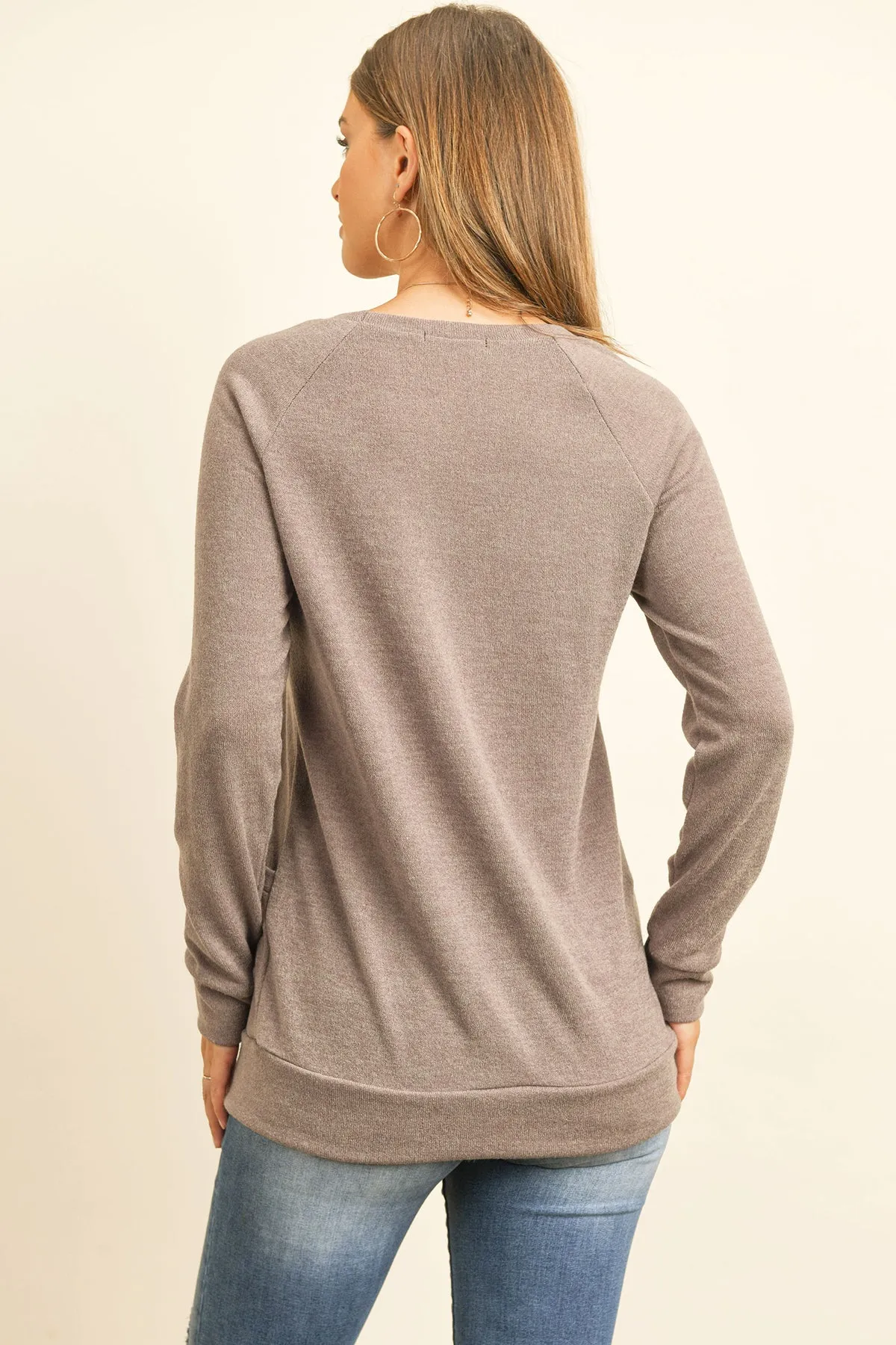 Knit Front Pocket Long Sleeved Top