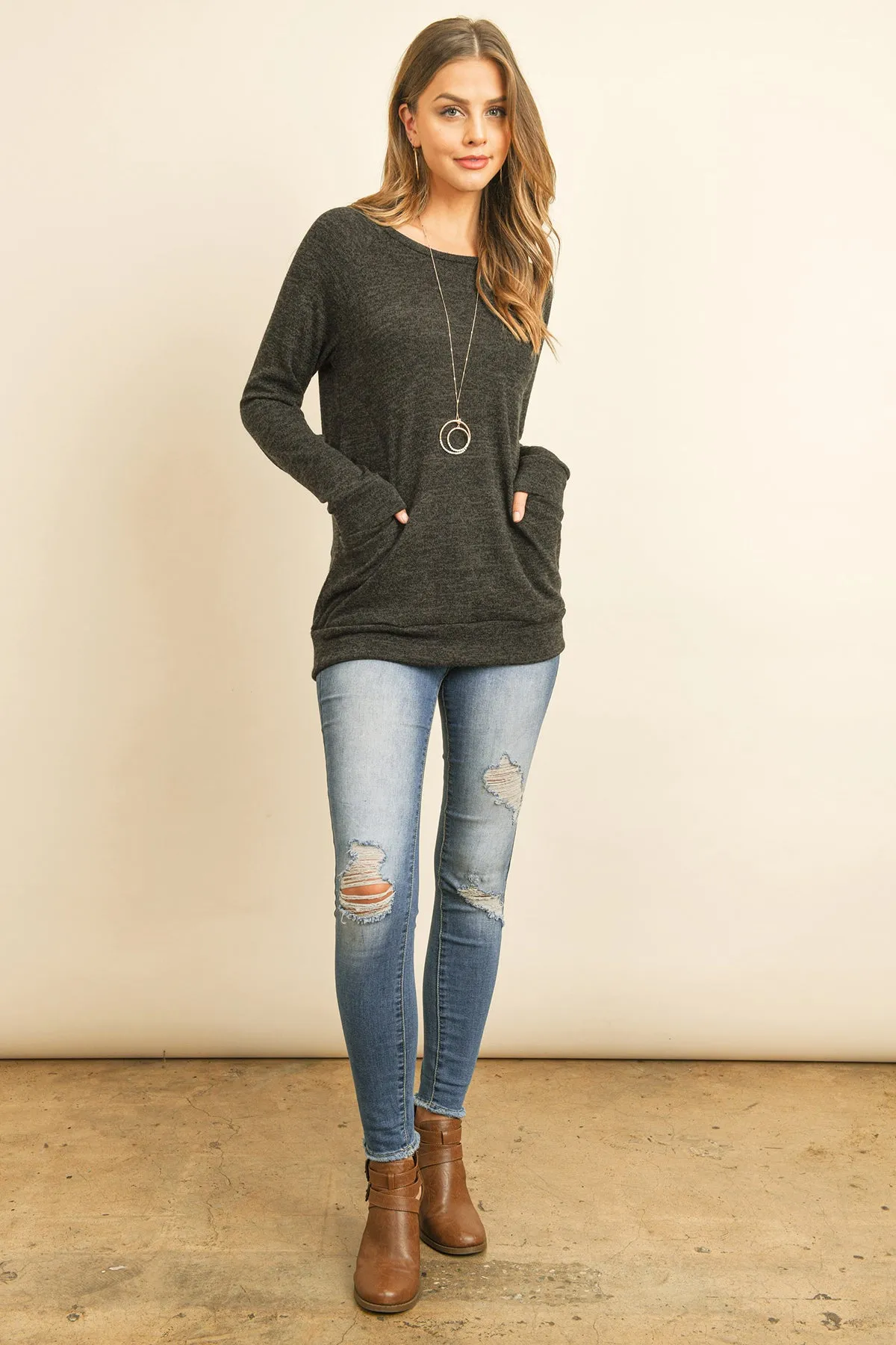 Knit Front Pocket Long Sleeved Top