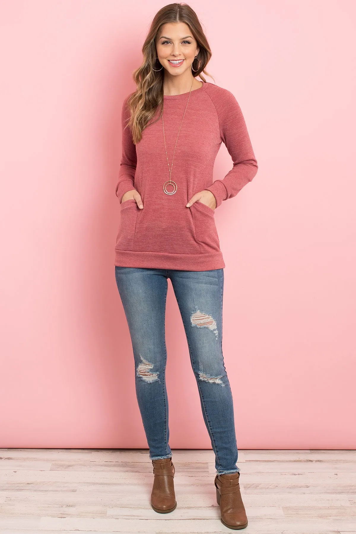 Knit Front Pocket Long Sleeved Top